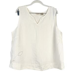 J.Jill White Linen Embroidered Floral V Neck Sleeveless Tank Top Sz 2X Light
